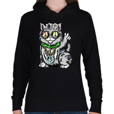 PRINTFASHION Hippi macska - Női kapucnis pulóver - Fekete