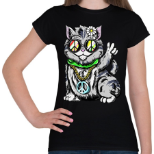 PRINTFASHION Hippi macska - Női póló - Fekete női póló
