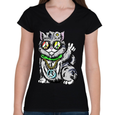 PRINTFASHION Hippi macska - Női V-nyakú póló - Fekete női póló