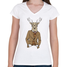 PRINTFASHION Hipster Deer - Női V-nyakú póló - Fehér női póló