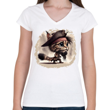 PRINTFASHION Hiúz Jack Sparrow kapitány jelmezben - Női V-nyakú póló - Fehér női póló