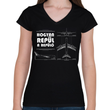 PRINTFASHION Hogyan repül a levegő - Női V-nyakú póló - Fekete női póló