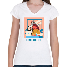 PRINTFASHION HOMEOFFICECAT - Női V-nyakú póló - Fehér