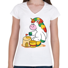 PRINTFASHION Homokozó unikornis - Női V-nyakú póló - Fehér