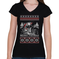 PRINTFASHION Horgász karácsony - Női V-nyakú póló - Fekete női póló