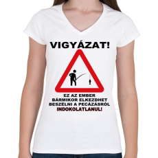 PRINTFASHION HORGÁSZ VESZÉLY - Női V-nyakú póló - Fehér