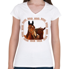 PRINTFASHION Horses  - Női V-nyakú póló - Fehér női póló