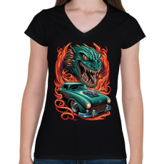 PRINTFASHION Hot Rod Retro autó sárkánnyal - Női V-nyakú póló - Fekete