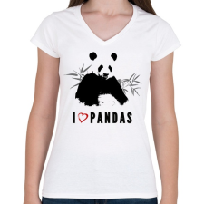 PRINTFASHION I LOVE PANDAS - Női V-nyakú póló - Fehér női póló