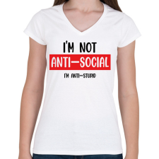 PRINTFASHION I'm not anti-social (black) - Női V-nyakú póló - Fehér női póló