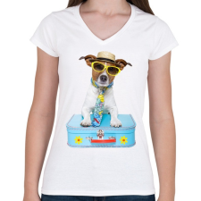 PRINTFASHION Jack Russel póló - Női V-nyakú póló - Fehér női póló