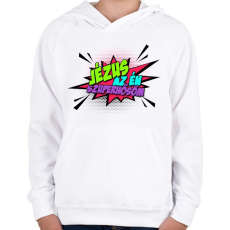 PRINTFASHION Jézus az én Szuperhősöm! - Gyerek kapucnis pulóver - Fehér