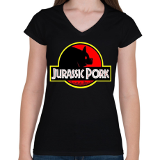 PRINTFASHION Jurassic Pork - Női V-nyakú póló - Fekete