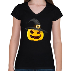 PRINTFASHION Kalapos halloween tök - Női V-nyakú póló - Fekete