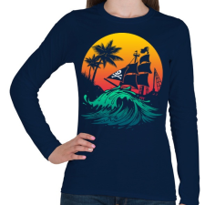 PRINTFASHION Kalózhajó a napnyugtában - Női hosszú ujjú póló - Sötétkék női póló