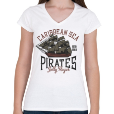 PRINTFASHION Kalózhajó - Caribbean Sea - Női V-nyakú póló - Fehér