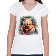 PRINTFASHION Karácsonyi capybara - Női V-nyakú póló - Fehér női póló