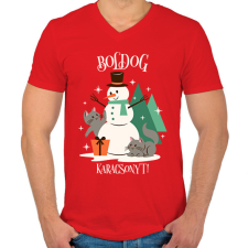 PRINTFASHION Karácsonyi Cica - Férfi V-nyakú póló - Piros férfi póló