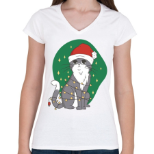 PRINTFASHION Karácsonyi cica - Női V-nyakú póló - Fehér női póló