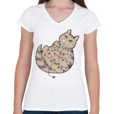 PRINTFASHION Karácsonyi cica - Női V-nyakú póló - Fehér