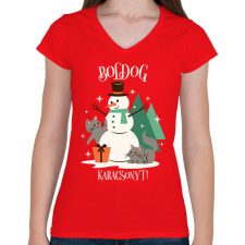 PRINTFASHION Karácsonyi Cica - Női V-nyakú póló - Piros női póló