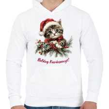 PRINTFASHION Karácsonyi cica sapiban - Férfi kapucnis pulóver - Fehér férfi pulóver, kardigán