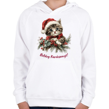 PRINTFASHION Karácsonyi cica sapiban - Gyerek kapucnis pulóver - Fehér gyerek pulóver, kardigán