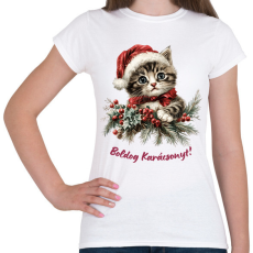 PRINTFASHION Karácsonyi cica sapiban - Női póló - Fehér