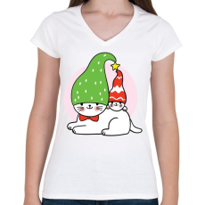 PRINTFASHION Karácsonyi cicák - Női V-nyakú póló - Fehér