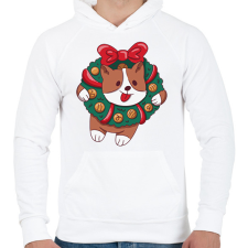 PRINTFASHION Karácsonyi corgi - Férfi kapucnis pulóver - Fehér férfi pulóver, kardigán