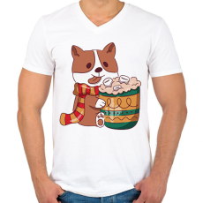 PRINTFASHION Karácsonyi corgi - Férfi V-nyakú póló - Fehér