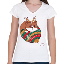 PRINTFASHION Karácsonyi corgi - Női V-nyakú póló - Fehér női póló