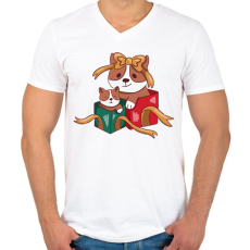 PRINTFASHION Karácsonyi corgik - Férfi V-nyakú póló - Fehér