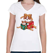 PRINTFASHION Karácsonyi corgik - Női V-nyakú póló - Fehér női póló
