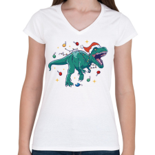 PRINTFASHION Karácsonyi dínó - Női V-nyakú póló - Fehér női póló