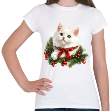PRINTFASHION Karácsonyi fehér cica - Női póló - Fehér női póló