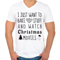 PRINTFASHION Karácsonyi filmek és sütés - Férfi V-nyakú póló - Fehér