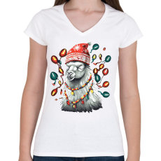 PRINTFASHION Karácsonyi láma - Női V-nyakú póló - Fehér