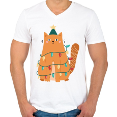 PRINTFASHION Karácsonyi macska - Férfi V-nyakú póló - Fehér