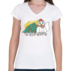 PRINTFASHION Karácsonyi macska - Női V-nyakú póló - Fehér