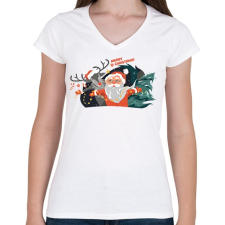 PRINTFASHION Karácsonyi minta - télapó és rénszarvas_Rajztábla 1 - Női V-nyakú póló - Fehér női póló