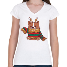 PRINTFASHION Karácsonyi pulcsis corgi - Női V-nyakú póló - Fehér