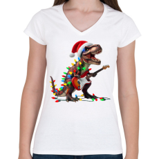 PRINTFASHION Karácsonyi  rocker tirex gitárral - karácsonyi dinoszaurusz - Női V-nyakú póló - Fehér