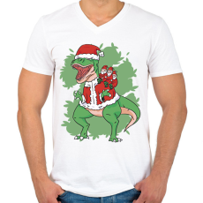 PRINTFASHION Karácsonyi T-rex - Férfi V-nyakú póló - Fehér