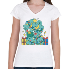 PRINTFASHION Karácsonyi Triceratops - Női V-nyakú póló - Fehér