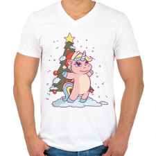PRINTFASHION Karácsonyi unikornis - Férfi V-nyakú póló - Fehér férfi póló