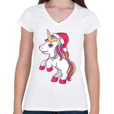 PRINTFASHION Karácsonyi unikornis - Női V-nyakú póló - Fehér