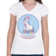 PRINTFASHION Karácsonyi unikornis - Női V-nyakú póló - Fehér