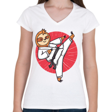 PRINTFASHION Karatés lajhár - Női V-nyakú póló - Fehér női póló