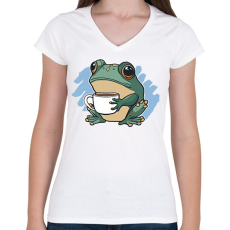 PRINTFASHION Kávézó béka - Női V-nyakú póló - Fehér